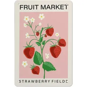 Fruit Market Tin Sign Strawberry Fruit Print Kitchen Art Print Food Art Pink Home Decor Dining Room Retro Signs Home Decoration Gifts For Mom Dad And Friends Metal Tin Sign