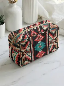 1 piece of ethnic geometric pattern 2D printed makeup bag, large capacity design | All-season versatility/multi-scenario matching | Fits daily skincare and various cosmetics | All-around for life and travel