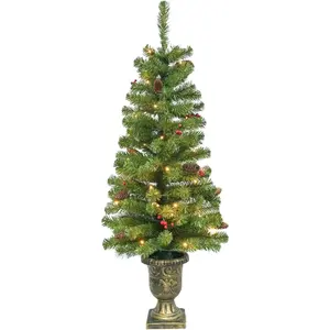 4FT Artificial Potted Christmas Tree with Lights, Pre-lit Mini Christmas Tree with 50 LED Lights, Small Fake Spruce Tree with 140 Branch Tips, Pine Cones&Red Berries, Battery Operated