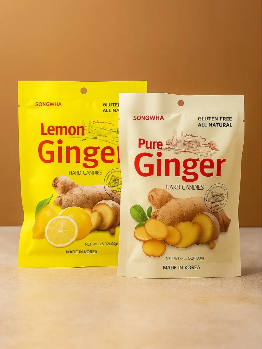 Songwha Pure Ginger & Lemon Ginger Hard Candies - 3.5 oz Bag Each (Pack of 2)- Gluten Free All Natural Spicy Sweet Herbal Candy Made in Korea