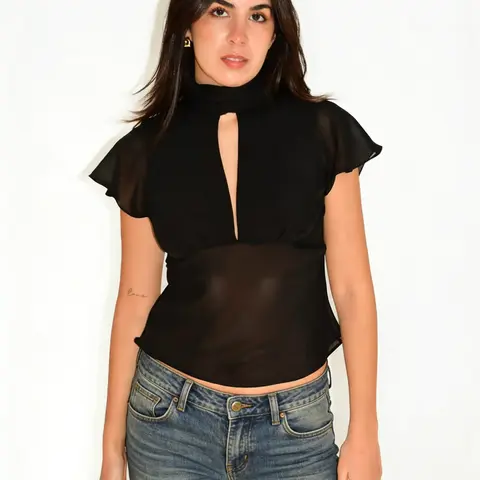 Women's Solid Color Flutter Sleeve Top, Fashionable Blouse, Ribbon Hollow Out Mesh Splicing, Trendy Sheer Tie Design, Ideal for Daily Casual Wear & Office  Commute