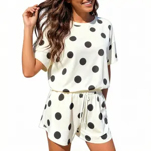 Asvivid Women's Polka Dot Print Loose Tee Top and Drawstring Elastic Waist Short 2 Pieces Set Womenswear Summer Outfits Spring Fashion