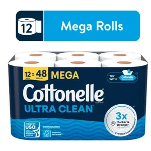 Cottonelle Ultra Clean Toilet Paper, Strong Toilet Tissue, 12 Mega Rolls
