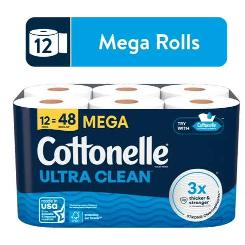 Cottonelle Ultra Clean Bathroom Toilet Paper - 12 Mega Rolls (3408 Sheets Total), 1-Ply, Strong, Soft & Absorbent Bath Tissue