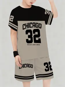 Trendy Retro Kids' Clothing, Patchwork + Size 32 Print, Chicago Theme Summer, Outdoor Wear, Casual Style, Casual Set, Fitted Set, Suits, Shorts