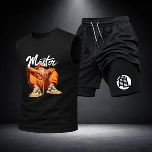 Anime Men’s Black Workout Set Sleeveless Tank Top & Sports Shorts 2-Piece Gym Outfit