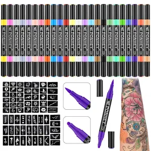 Ponhey Temporary Tattoo Markers for Skin, 24 Body Markers+67 Large Tattoo Stencils,Dual-End Tattoo Pens,Fine Lines with Cosmetic-Grade,Flexible, Skin-Safe Face Paint Kit for Teenage Adults