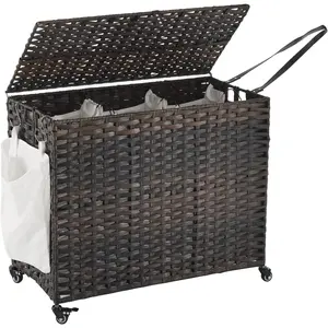 Laundry Hamper with Wheels, 52.8 Gallon(200L) Rolling Laundry Basket with Lid, 3-Section Rattan Clothes Hamper with 3 Removable Liner & 3 Mesh Bags, Laundry Sorter with Side Pocket, Brown
