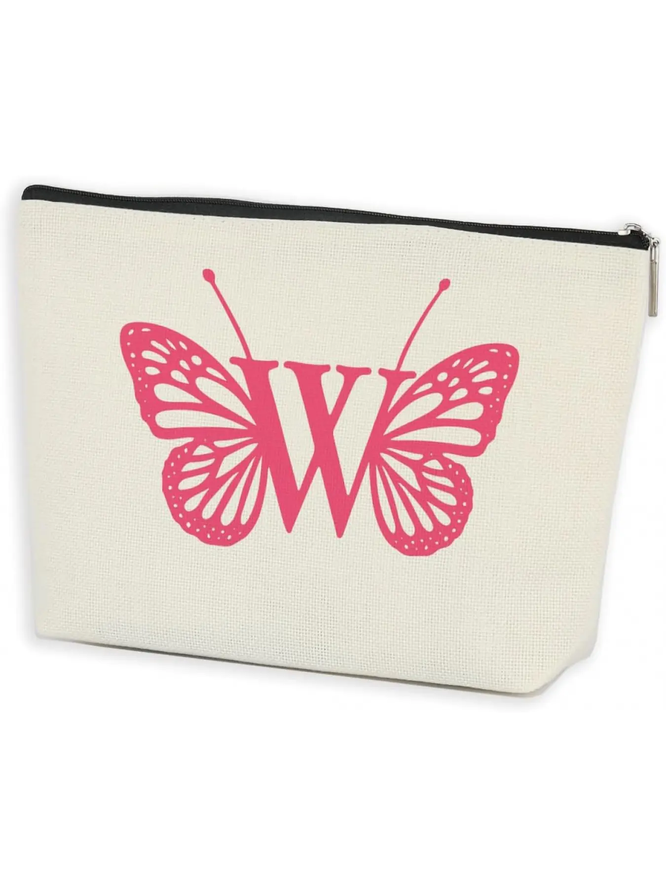 Initial Makeup Bags for Women Lined Monogram Cosmetic Bag Birthday Gifts for Women Girls Bridesmaid Best Friends Sisters, Travel Toiletry Bag, Pink Butterfly Letter W