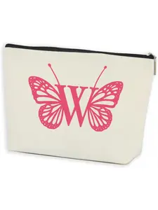 Initial Makeup Bags for Women Lined Monogram Cosmetic Bag Birthday Gifts for Women Girls Bridesmaid Best Friends Sisters, Travel Toiletry Bag, Pink Butterfly Letter W