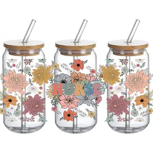 Nurse UV DTF Glass Cup Wrap Transfer -Retro Floral Nurse Sublimation Design Waterproof, Gift for Nurse, Decal for 16oz Glass Cups, Ceramic Mug DIY Crafts - 3PCS