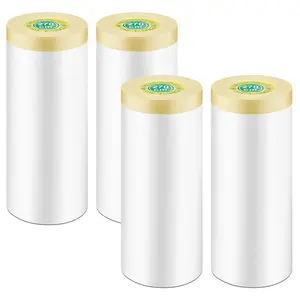 4 Rolls Painters Plastic with Tape, 8.9Ft x 89Ft Pre-Taped Masking Paper for Painting Automotive Masking Film  Adhesive Protective Film Roll for Painting Covering Walls Windows Auto