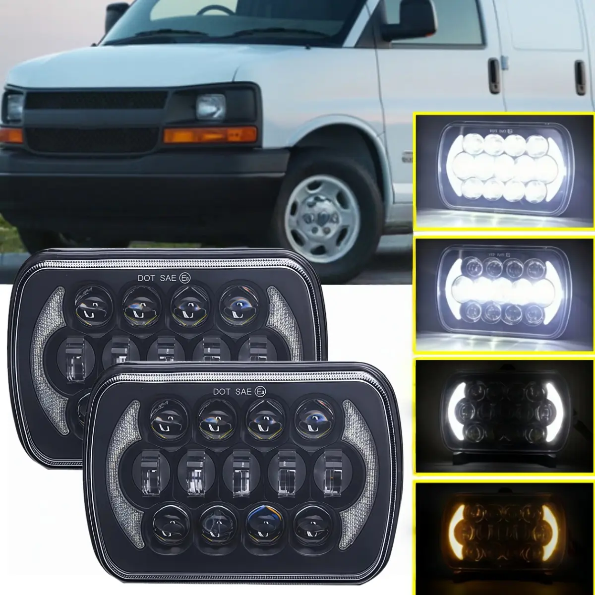 2PCS Rectangle H6054 LED Headlights Car Accessories for Chevrolet Express Cargo Van 1500/2500/3500, 5x7-7x6 Sealed Beam Headlamp, Hi/Low Beam, DRL, H4 Plug, H5054 Left & Right Pair