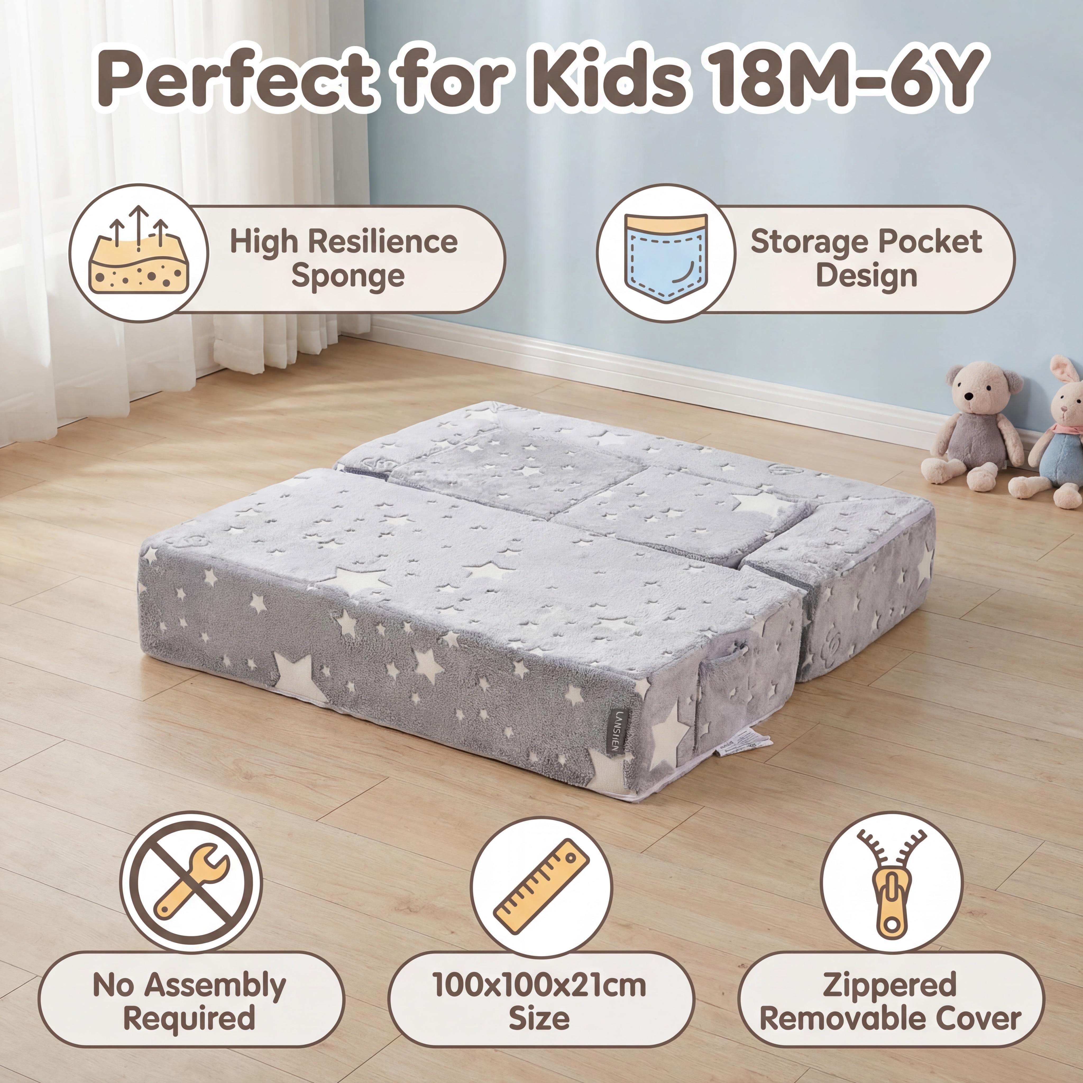 3-in-1 Kids Play Couch for Toddler, Imaginative Dark Gray Star