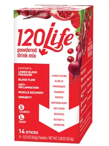 120/Life Blood Pressure Support Drink Mix – 14 Stick Packs with Beetroot, Pomegranate, Cranberry, Tart Cherry & Hibiscus – Sugar-Free, Vegan, Convenient Single-Serve Beverage