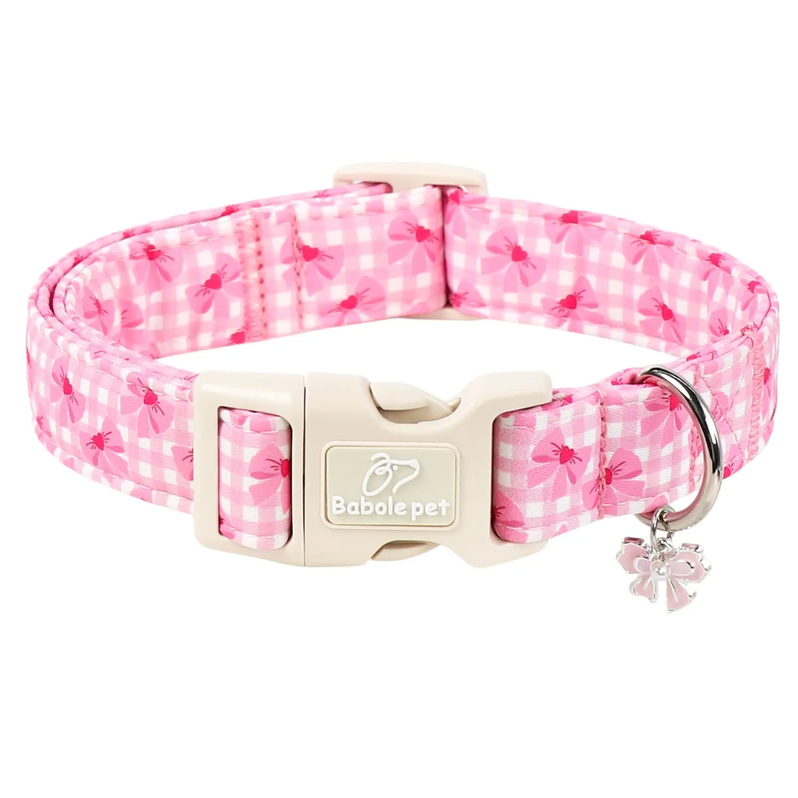 Babole Pet Summer Bow Dog Collar, Adjustable Cute Pink Plaid Puppy Accessory with Bow Charm and Quick-Release Buckle for Small Medium Large Dog Breeds