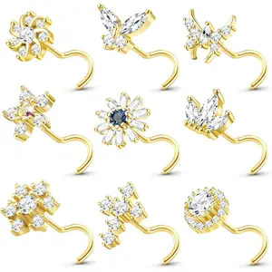 9PCS Gold Nose Rings Studs for Women 20G Surgical Steel Nose Ring L Shaped Corkscrew Nose Piercing Jewelry Hypoallergenic CZ Butterfly Cross Nose Studs Nostril Piercing Jewelry, Unisex, Daily Wear