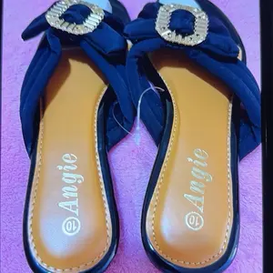 Angie Brand Navy Blue Bow Tie Flip Flops with Gold Buckle Design Comfortable Summer Sandals for Women size 10