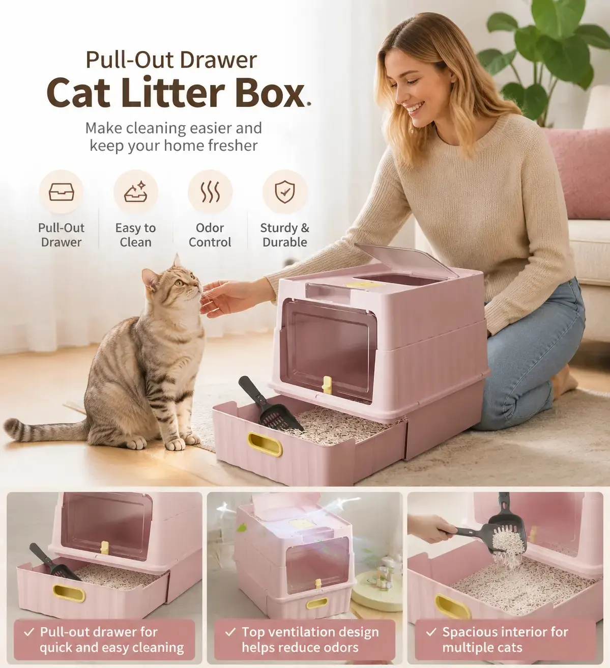 Spacious Enclosed Cat Litter Box with Drawer Design for Simple Cleaning, Odor Containment Hooded Cat Toilet, Ventilated Switchable Open/Closed Mode Perfect for Indoor Cats
