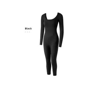 Women's Ribbed Square Neck Compression Shapewear Bodysuit - Snatched Waist, Long Sleeve, Full Leg, Bodycon Fit