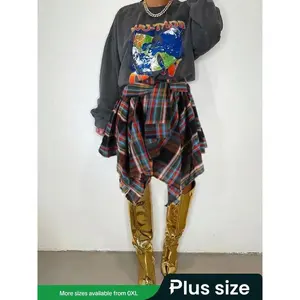Oversized plaid skirt, suitable for women - high waist asymmetrical hem mini skirt, fashionable streetwearRAIMENTRY