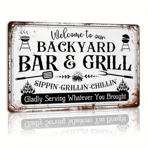2D Flat, 1pc Vintage Backyard Bar & Grill Metal Wall Art Plaque - Rustic BBQ Decor Signs with Grill Tools Graphic - Farmhouse Kitchen, Patio, for Man Cave Decoration - No Wiring Ne