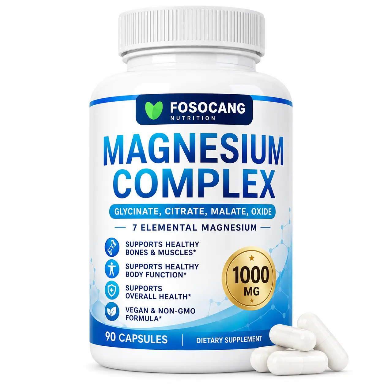 FoSoCang Magnesium Complex 1000mg Made with 7 Elemental Magnesium 90 Capsules / Healthcare,Mineral,Dietary