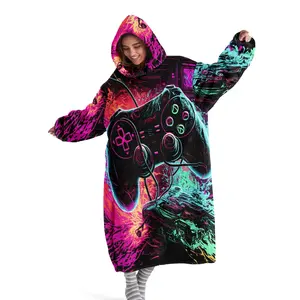 Hooded blanket, wearable blanket, Soft Cozy Blanket, women's fleece-lined bathrobe, hat blanket, pajamas, neon game controller print thickened loungewear, perfect for winter home wear. Robes ideal as gifts for Christmas or Valentine's Day