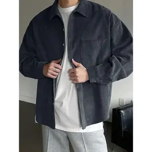 Men's solid color button down front corduroy shirt, casual button down collar loose shoulder long sleeved pocket top, autumn and winter styles, men's daily wearRAIMENTRY