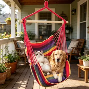 Boho Macrame Hanging Chair with Pillow, Beige Tassel Swing Chair for Cats Dogs, Indoor Hammock Chair for Bedroom, Patio, Balcony with 2 Pillows
