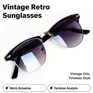 Unisex Retro Browline Classic Sunglasses - Clubmaster Style, Tortoise Acetate Top Frame, for Vintage Smart Casual Looks