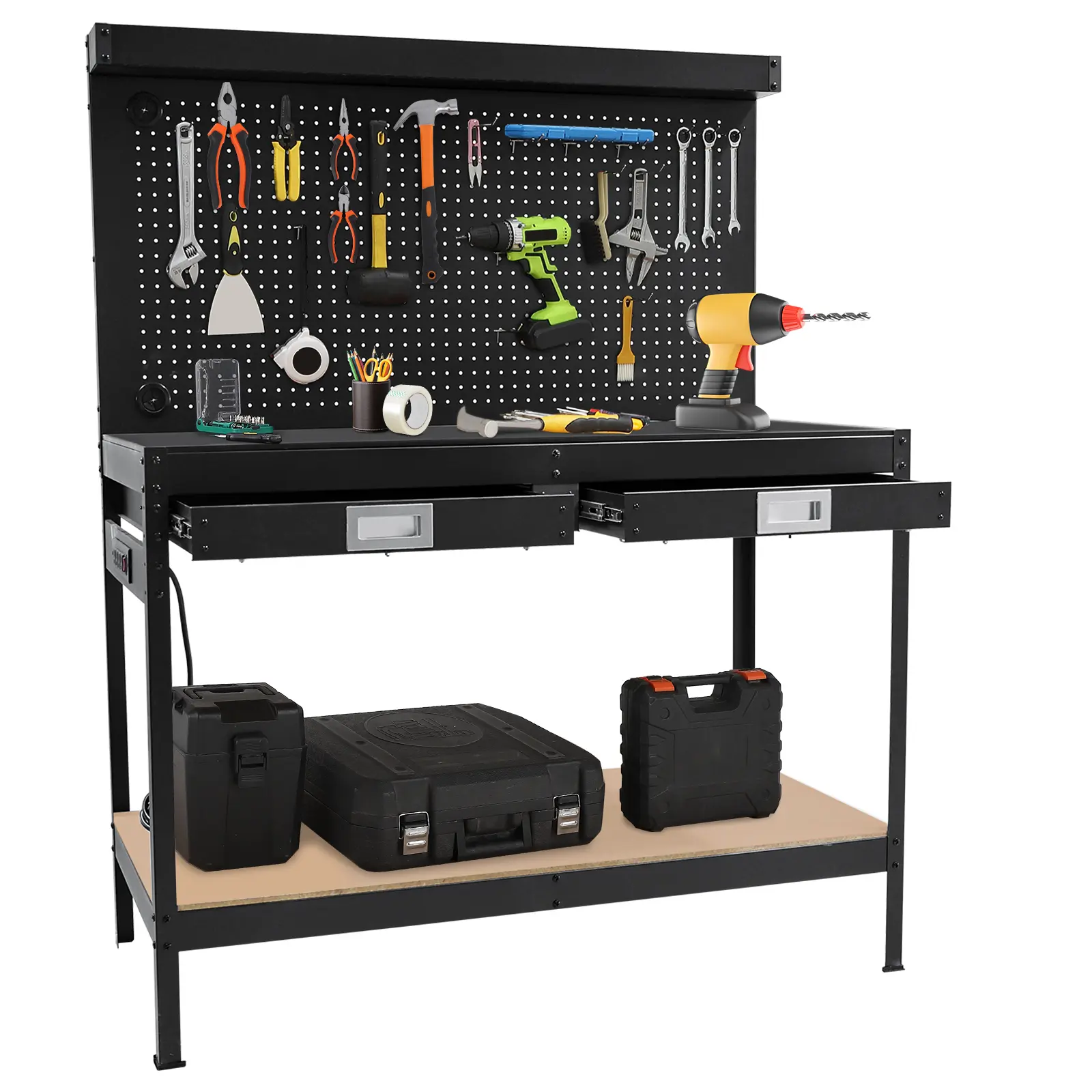 Garvee Upgraded Industrial Workbench, Heavy Duty, Sturdy Metal Table, 2 Drawers, Pegboard, Under Shelf, Built-in Power Outlet, Multifunctional for Garage, Workshop, Basement Organization