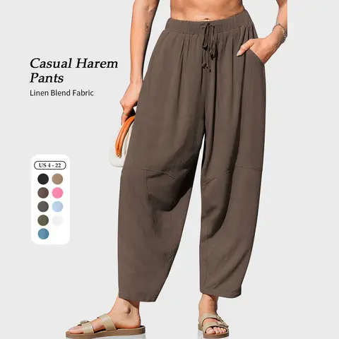 TARSE Women's Linen Blend Harem PantsCasual Loose Fit Wide Leg Cropped Lightweight Drawstring Elastic Waist Pants with Pockets  Basic