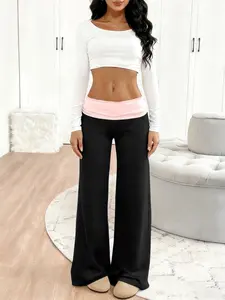 Women's Low Waist Colorblock Design Casual Wide Leg Pants, Versatile Sporty Outerwear, Comfortable Daily Wear, Fashionable Ladies' Trousers