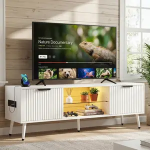 Cyclysio Fluted TV Stand - Modern Indoor Furniture Entertainment Center with Power Outlet, RGB LED Lights, Adjustable Glass Shelves for 32"-65" TVs