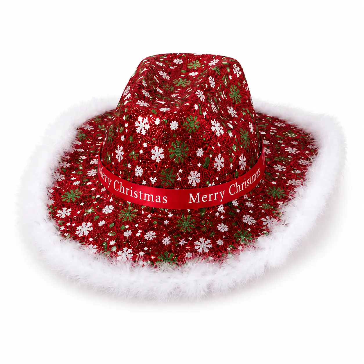 Christmas Cowboy Hat for Women Red Sequin with Fur Trim Merry Christmas Hat Holiday Party Costume