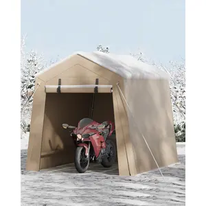 OP-6x8 Ft Carport Heavy Duty Tent  with Roll-Up Windows , Durable & Versatile Construction，Portable Garage with Removable Sidewalls & Doors, Car Canopy All-Season Tarp for Car Boat Truck Motorcycle，Khaki&Grey