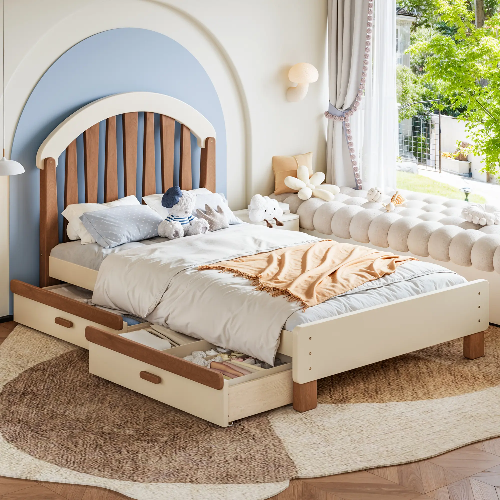 Twin Size Wood Platform Bed with Storage Drawer and Round Headboard, No Box Spring Required, Beige & Natural Finish