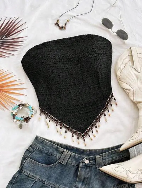 Women's Vacation Knit Sun Print Pattern Patchwork Beaded Strapless Top Party Vacation Beach Night Out No Chest Padding Black Summer Boho Tropical Sexy