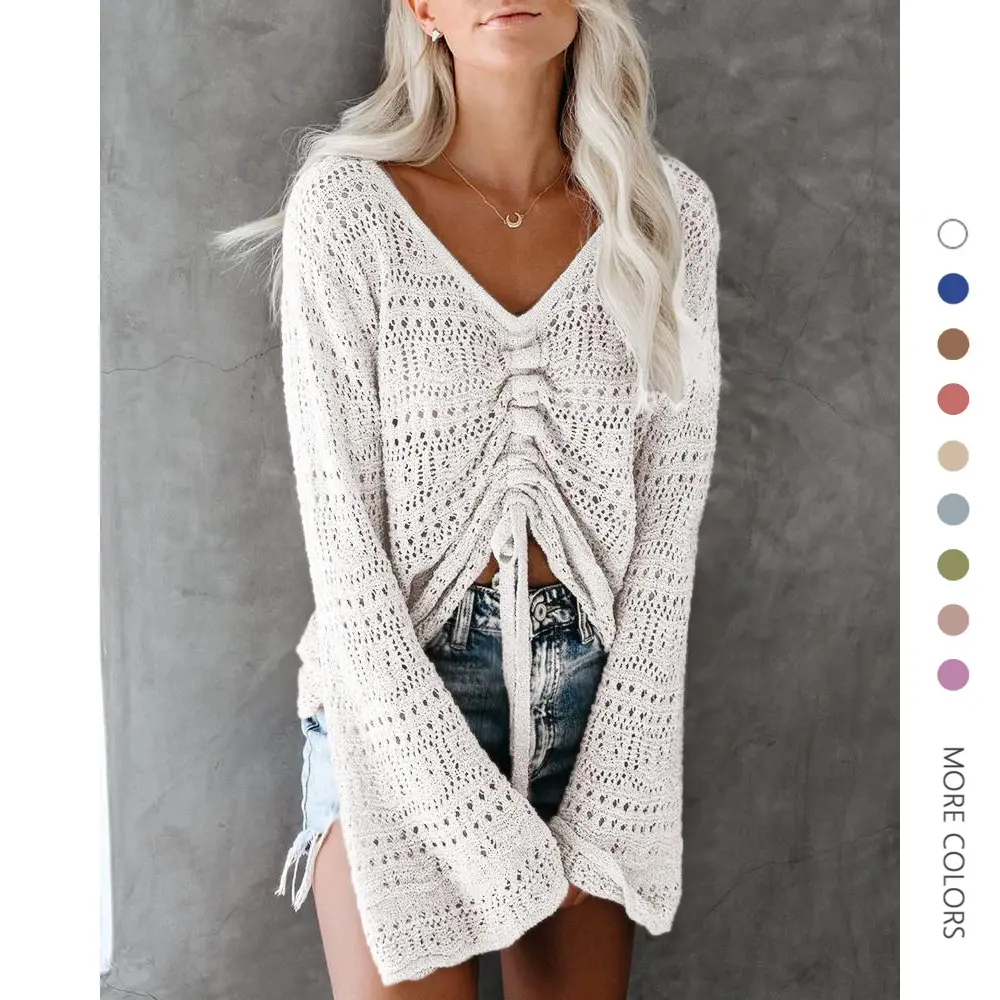 Danedvi Women's Lady's Aesthetic Boho Style V-Neck Off-Shoulder Crochet Knit Crop Top - Oversized Bell Long Sleeves, Elegance Focused Fit, Overall Knitwear Top