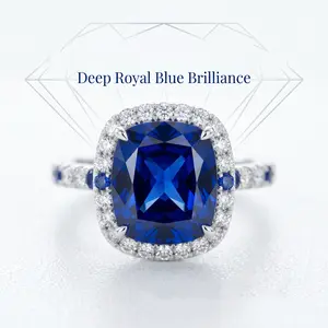 ZR "Blue Grace" 5.25ct Cushion‑Cut Lab‑Grown Royal Blue Sapphire Ring White Moissanite & Blue Gemstone Accent Halo S925 Sterling Silver Luxury Statement Ring-【Nancy】#4386