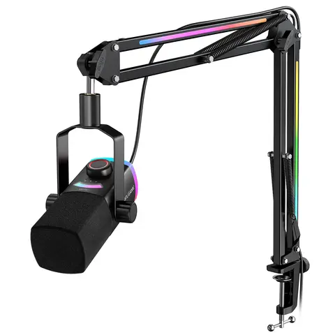 fifine AM8ProT RGB Dynamic Gaming Microphone Kit - XLR/USB Audio Recording Device, RGB Lighting, Boom Arm, Tap-to-Mute Mix Control, Headphone Jack, Noise Reduction, Cable, Windows/PS5 Compatibility, for Content Creators, Computer Gamer Stuff, Podcasting