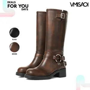 Combat Boots For Women Round Toe Chunky Block Heel Metal Buckle Straps Pull On Fashion Retro Party Punk Rave Rocky Concert Vintage Riding Cowboy Cowgirl Boot Rocky Motorcycle Booties Deals For You Days
