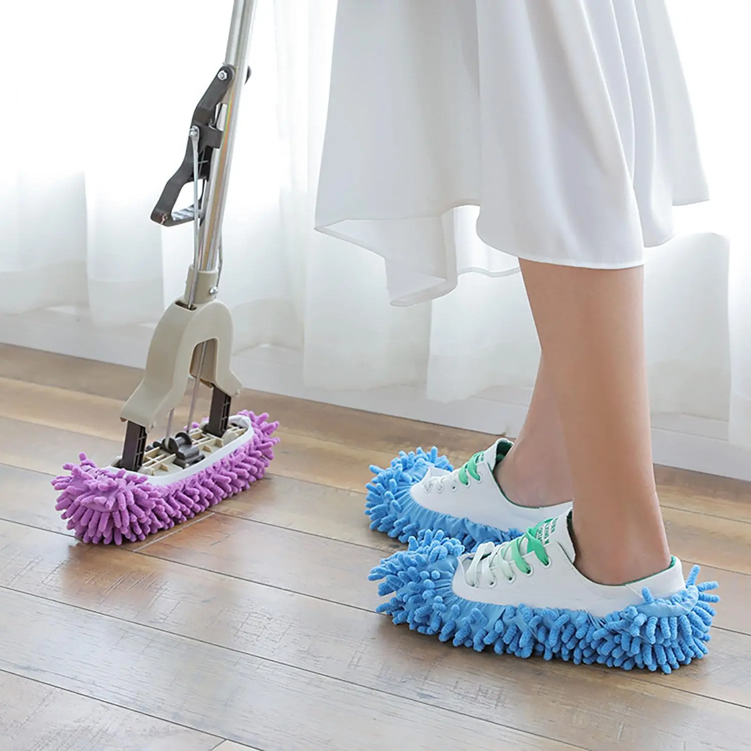 2 Pairs Washable Dust Mop Slippers Covers, 1 Pair Blue & 1 Pair Pink Reusable Soft Floor Cleaning Shoe Caps for Home Kitchen Office, Total 4PCS Mop