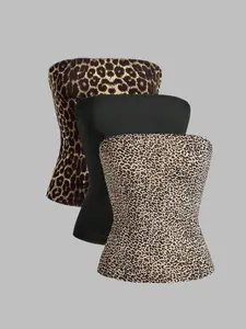 Women's Leopard Backless Short Halter Top Set, Street Style Strapless Cut Out Blouse, Casual Fitted Sleeveless Fall Fashion Essential