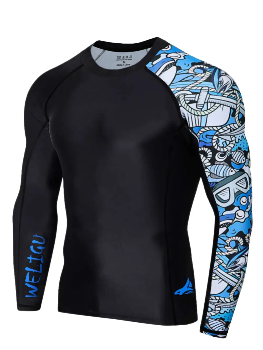 WELIGU Men's UPF 50+ 1-Sleeve Compression Rash Guard - Quick-Dry Athletic Swim Top, Outdoor Compression Garment, Workout Rash Guard for Training
