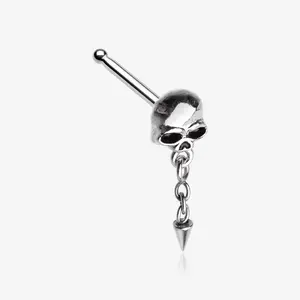 Death Skull Dangle Chained Spike Nose Stud Ring 316L Stainless Steel 20GA Piercing Jewelry for Nostril Piercings