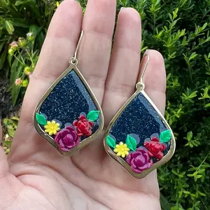 Navy Floral Polymer Clay Earrings With Glitter