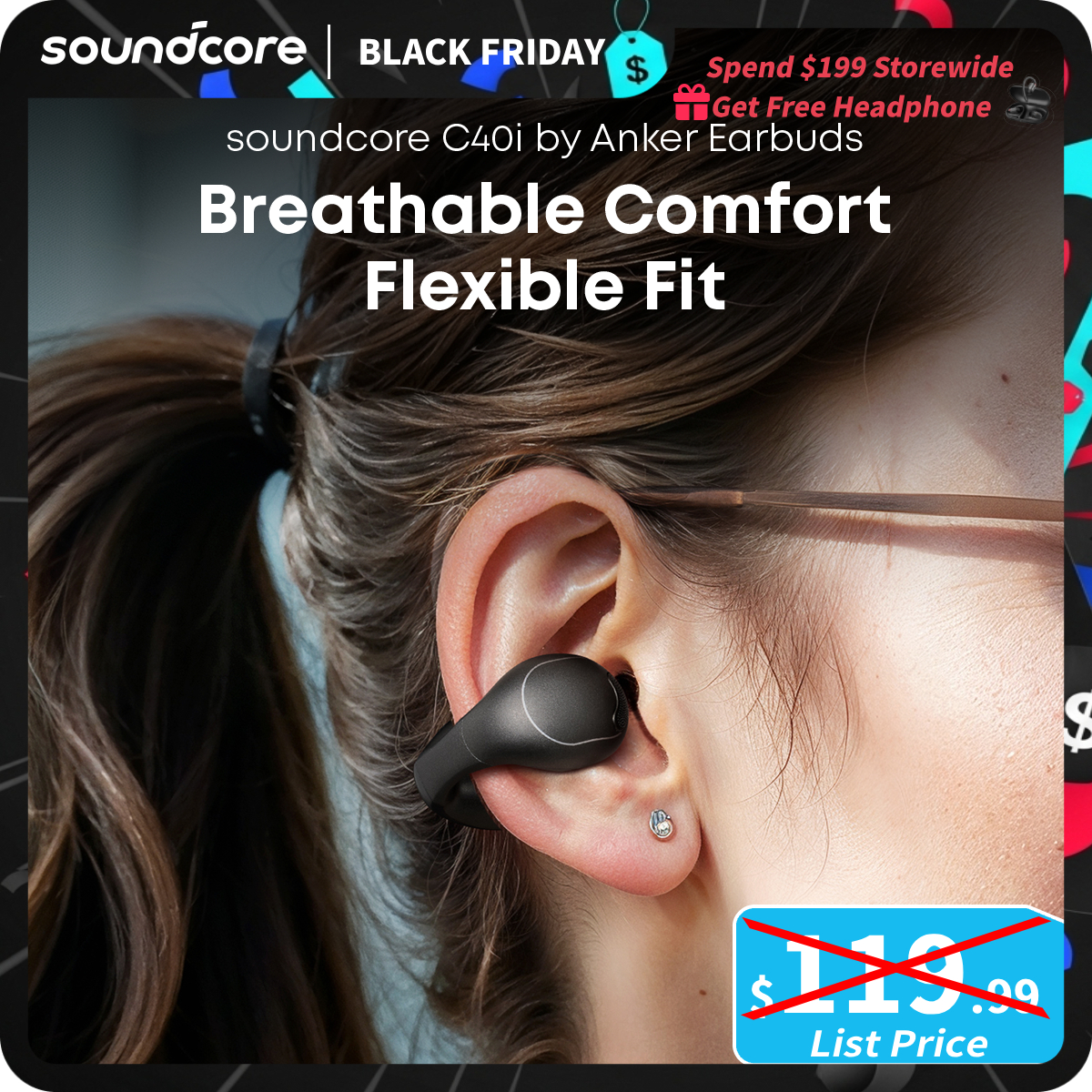 [TikTokShopBlackFriday] soundcore C40i by Anker, Open-Ear Earbuds, Clip-On Headphones, Flexible Joint Design, Button Controls, Lightweight Comfort, St