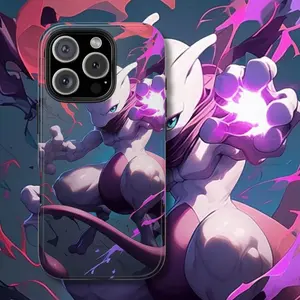 Mewtwo Pokemon Phone Case, Psychic Legendary Monster Anime Gaming Cover, Purple Energy Protective Case for iPhone 15 16 17 Series